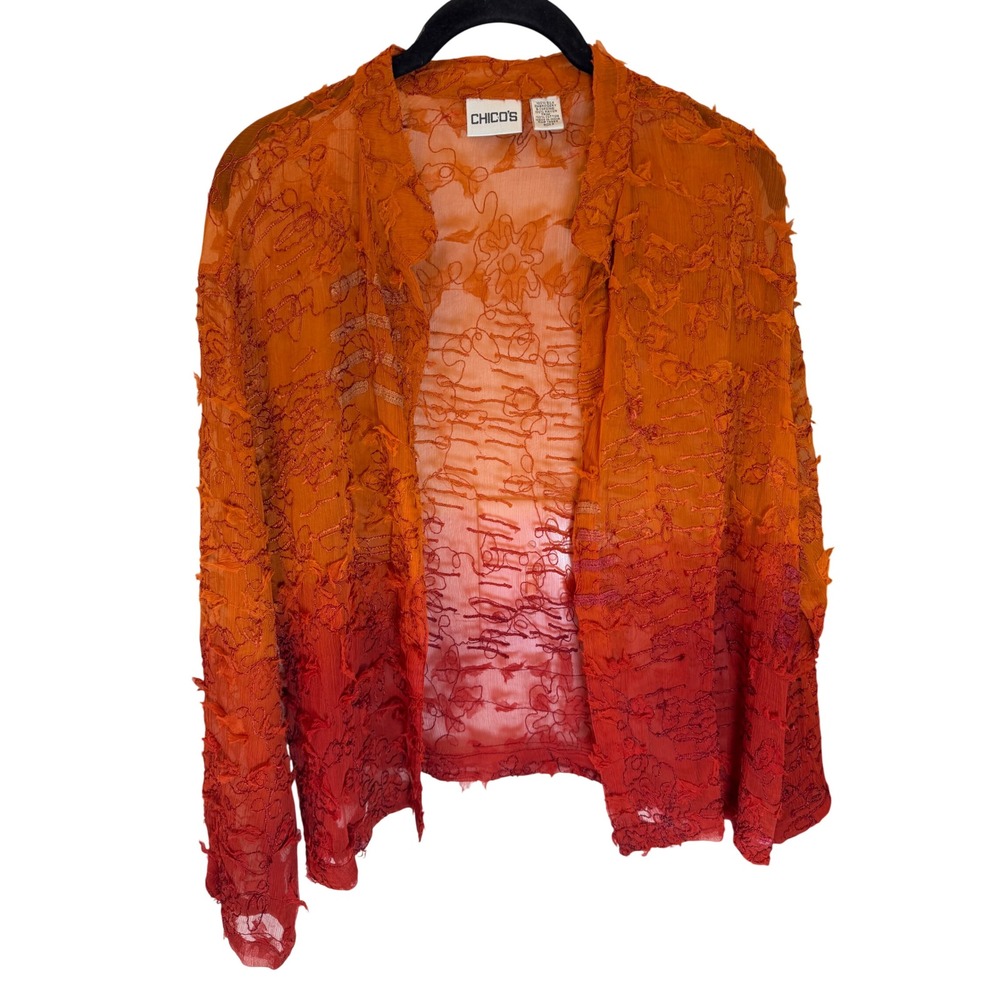 Chicos Silk Ombre Embroidered Open Front Cardigan Orange Red Size 2 L Large